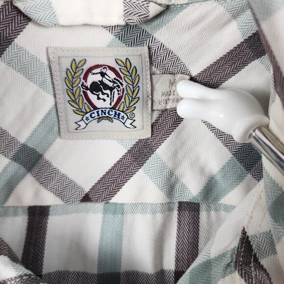 Cinch Western Button-Up Shirt M Green Brown Plaid Logo Pocket Cowboy Ranch - Picture 3 of 7